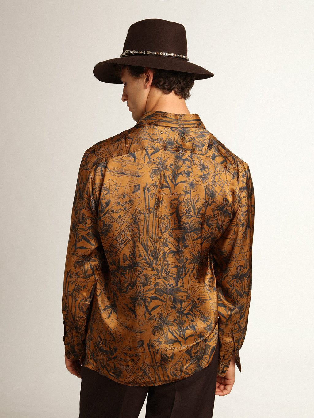 Men's golden brown shirt with notebook print| Golden Goose