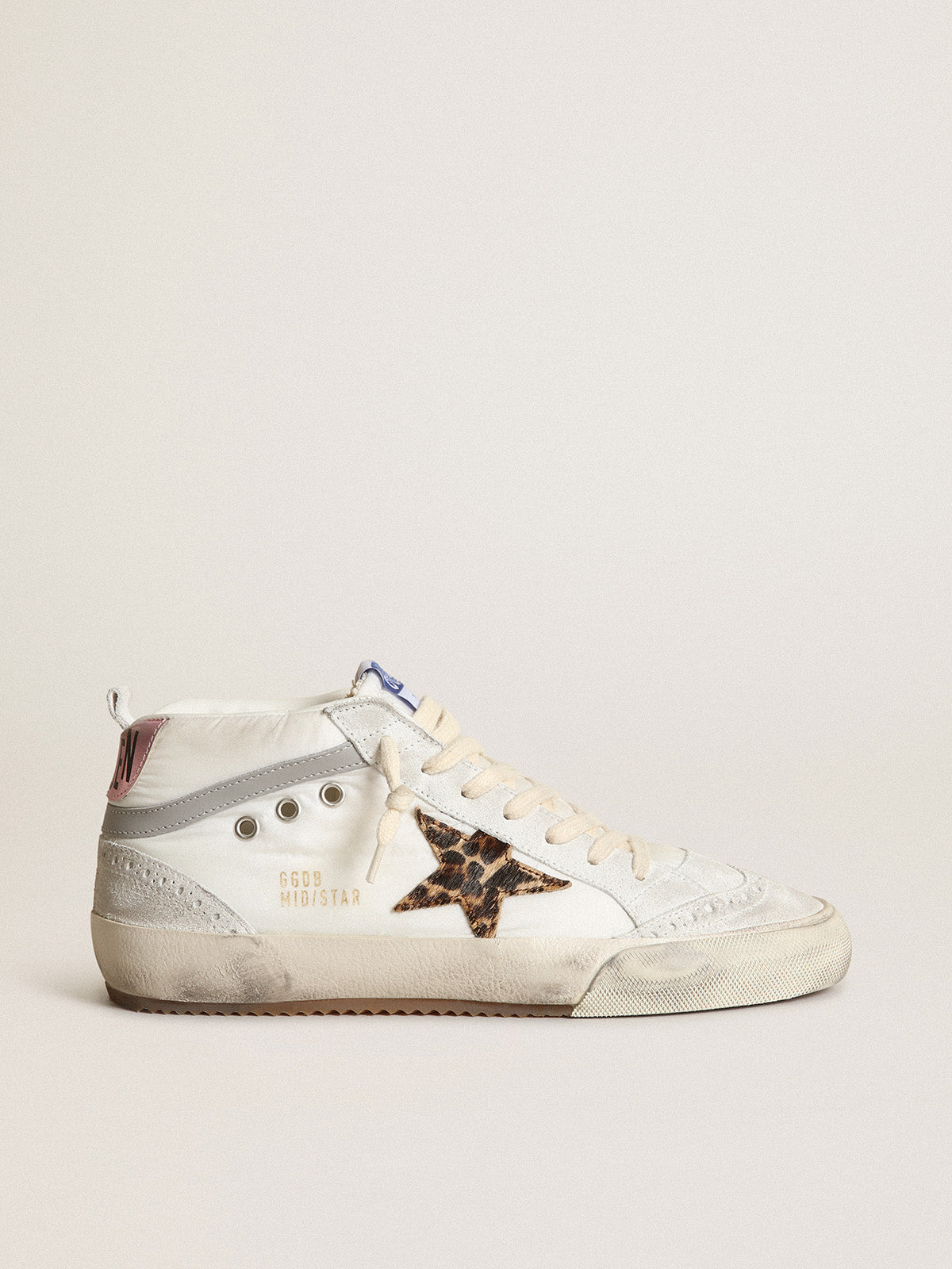 Women's Mid Star LTD in white nylon with leopard print pony skin star| Golden Goose