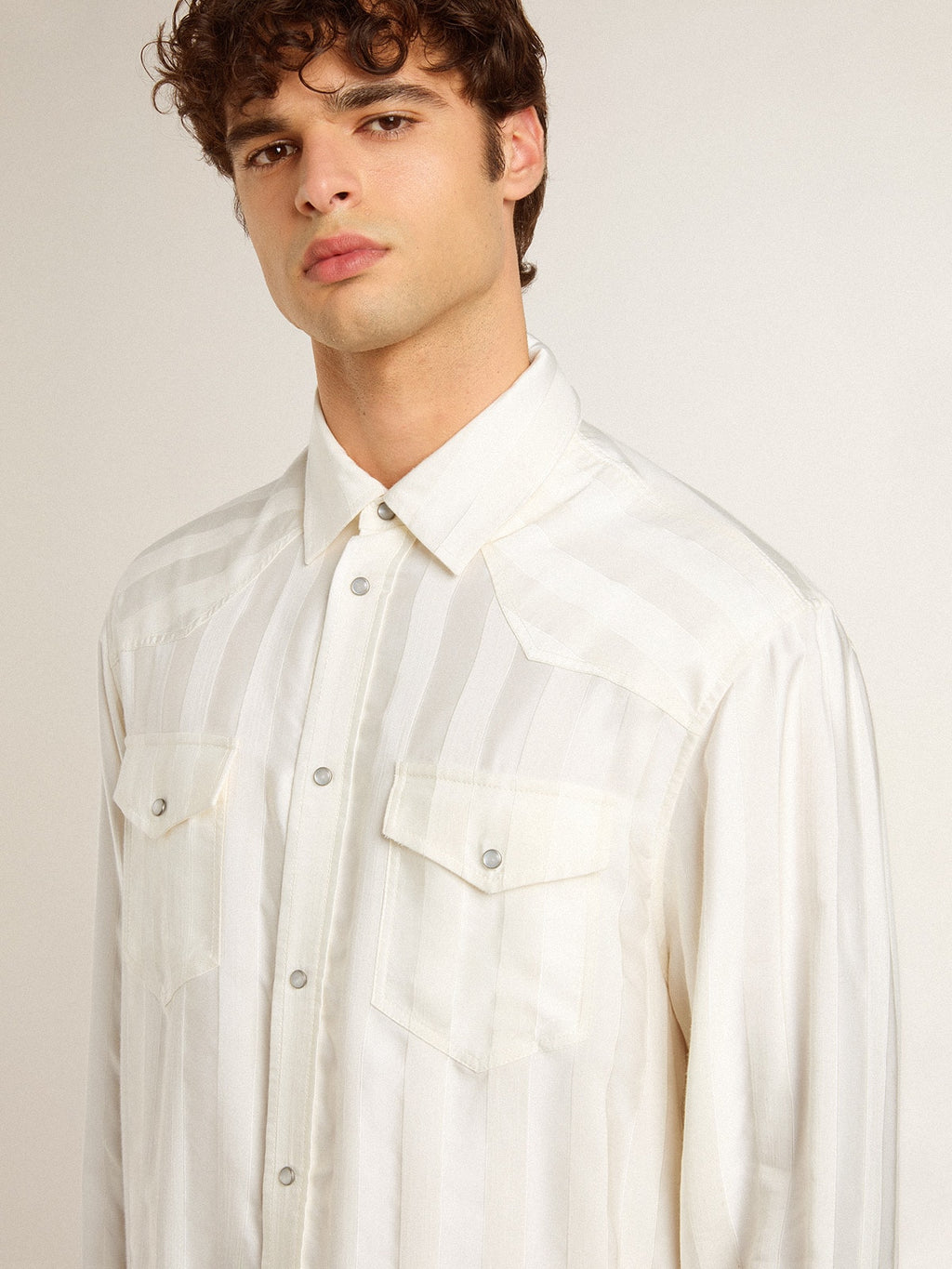 Men's oversized worn-white shirt with vertical stripes| Golden Goose
