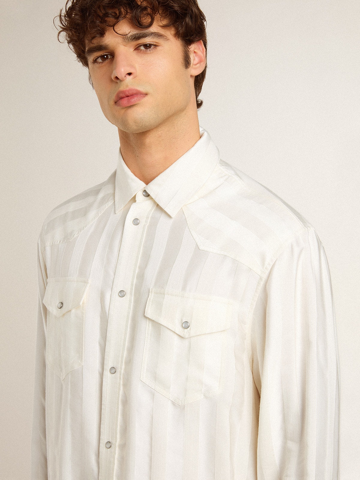 Men's oversized worn-white shirt with vertical stripes| Golden Goose
