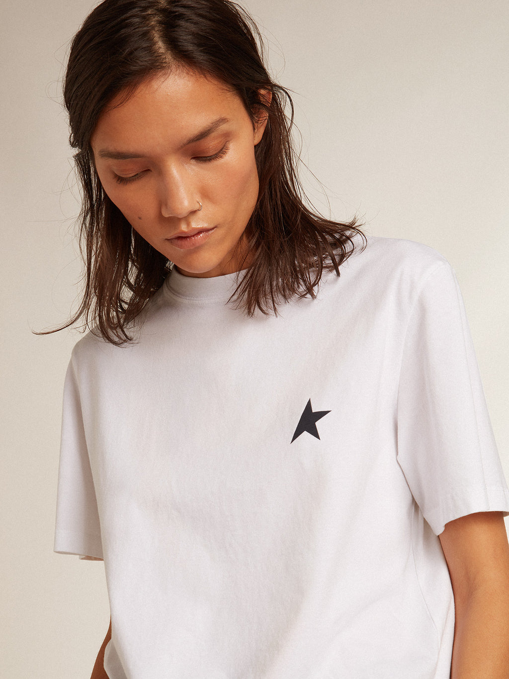 Women's white T-shirt with dark blue star on the front| Golden Goose