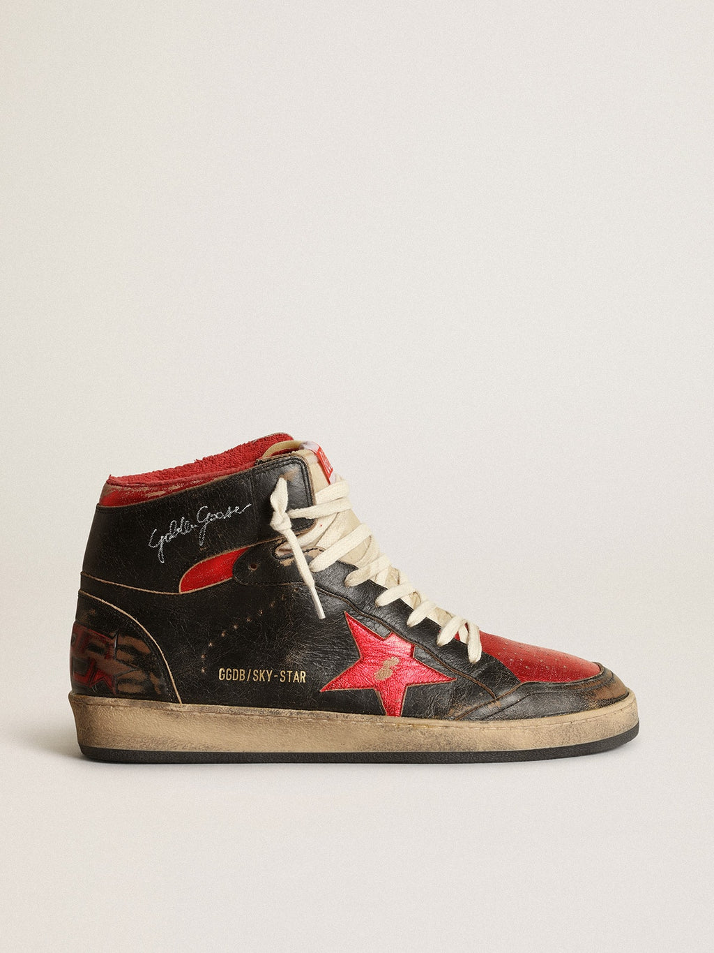 Men's Sky-Star in glossy black leather with red star| Golden Goose
