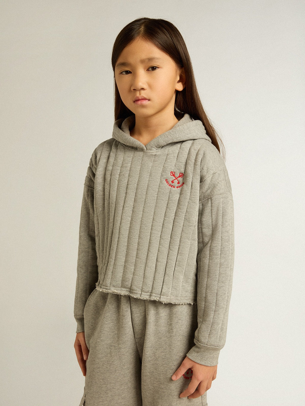 Girls' cropped sweatshirt in gray melange with a hood and embroidery on the front| Golden Goose