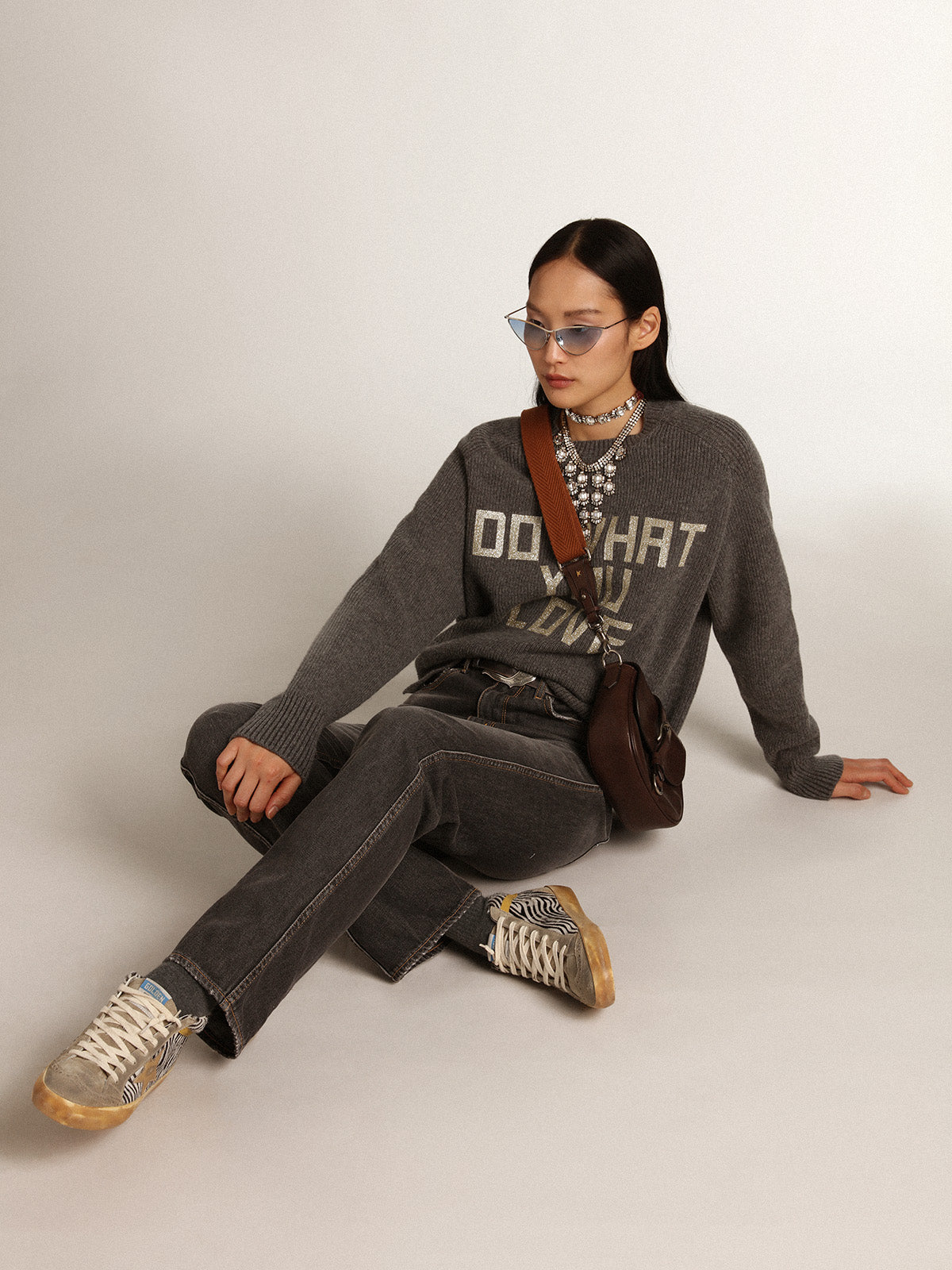 Women's belt in black leather with silver decorations| Golden Goose