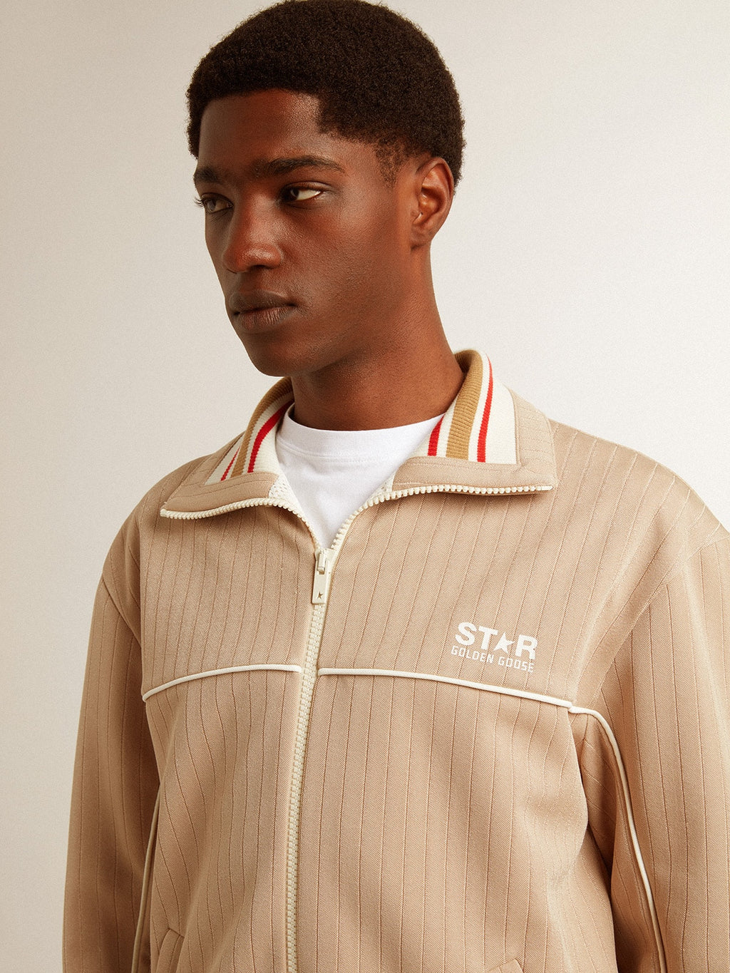 Men's light beige zipped sweatshirt with white logo| Golden Goose