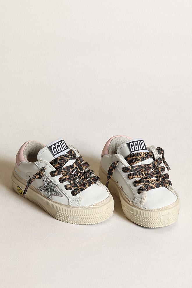 May sneakers with silver glitter star and pink leather heel tab| Golden Goose