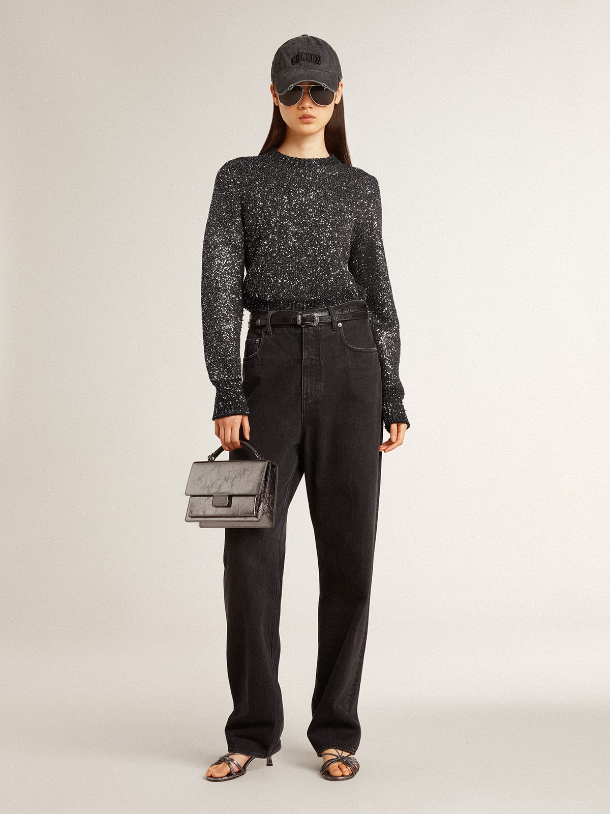 Women's black wool blend cropped sweater with all-over sequins| Golden Goose