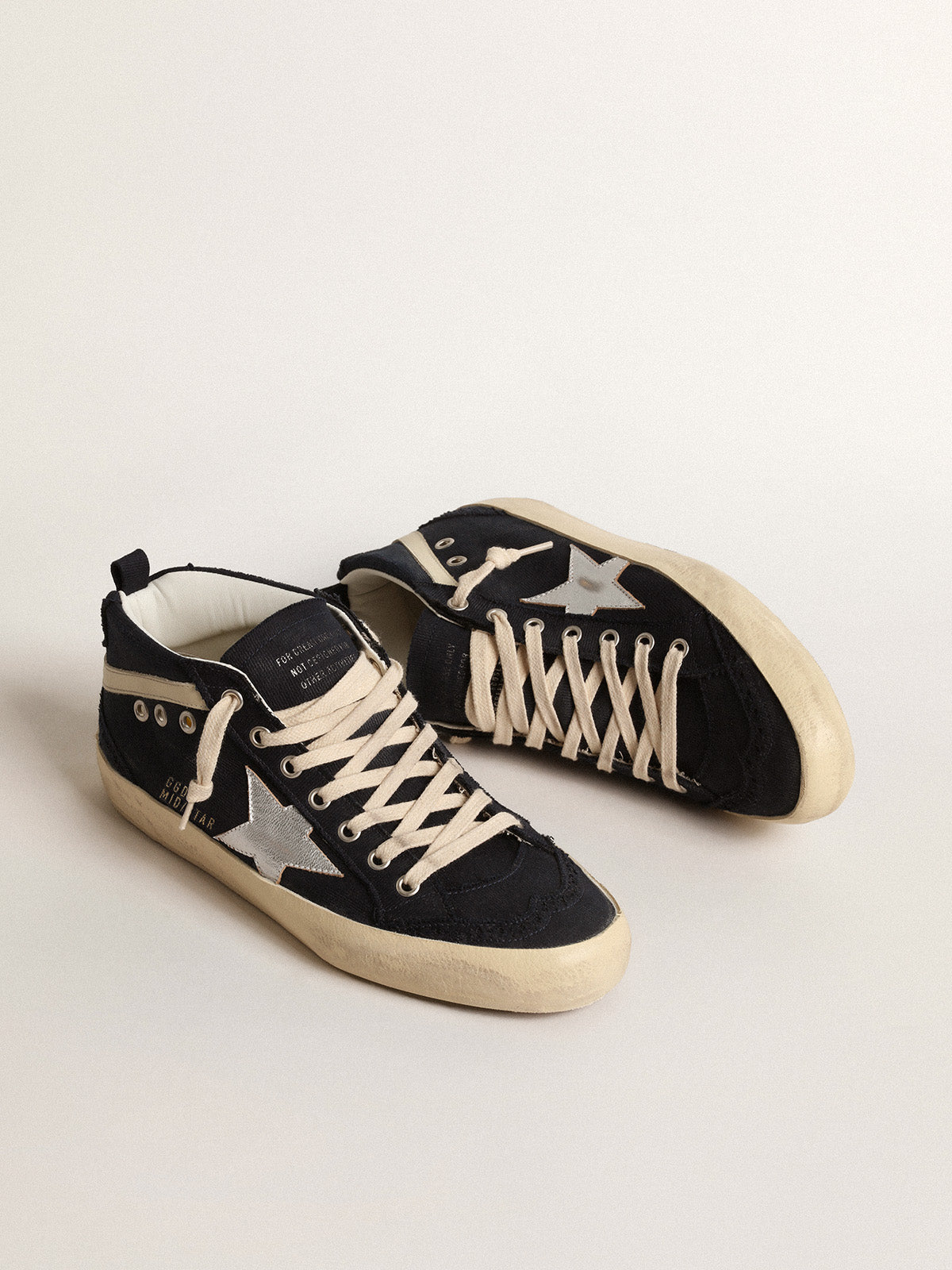 Mid Star in blue cotton with silver star and leather flash| Golden Goose