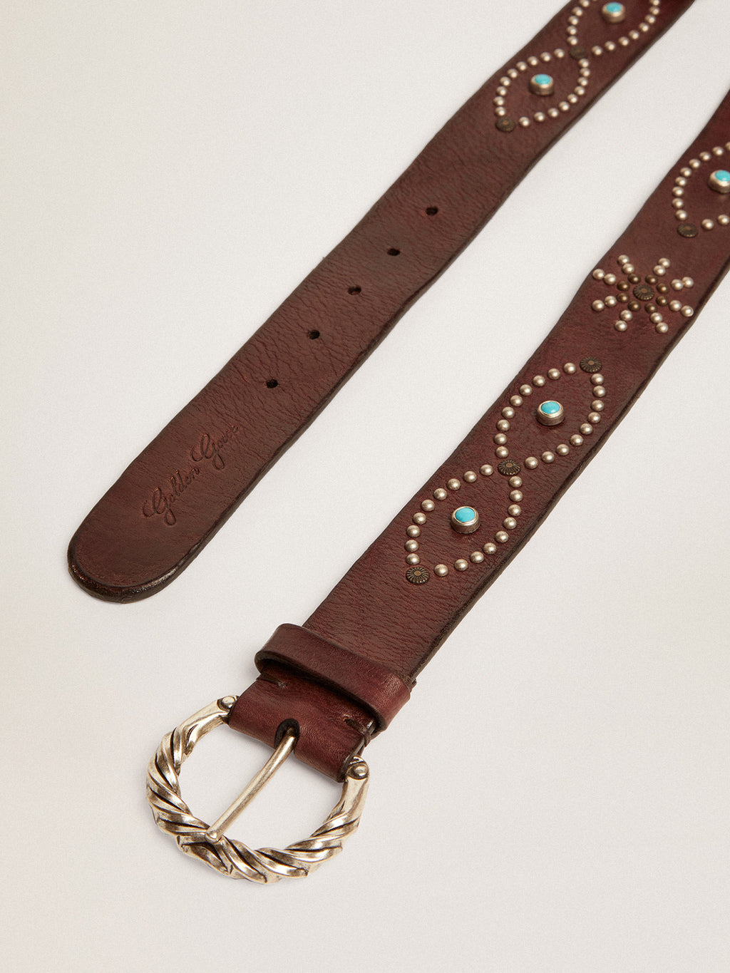 Women's belt in dark brown leather with colored studs| Golden Goose