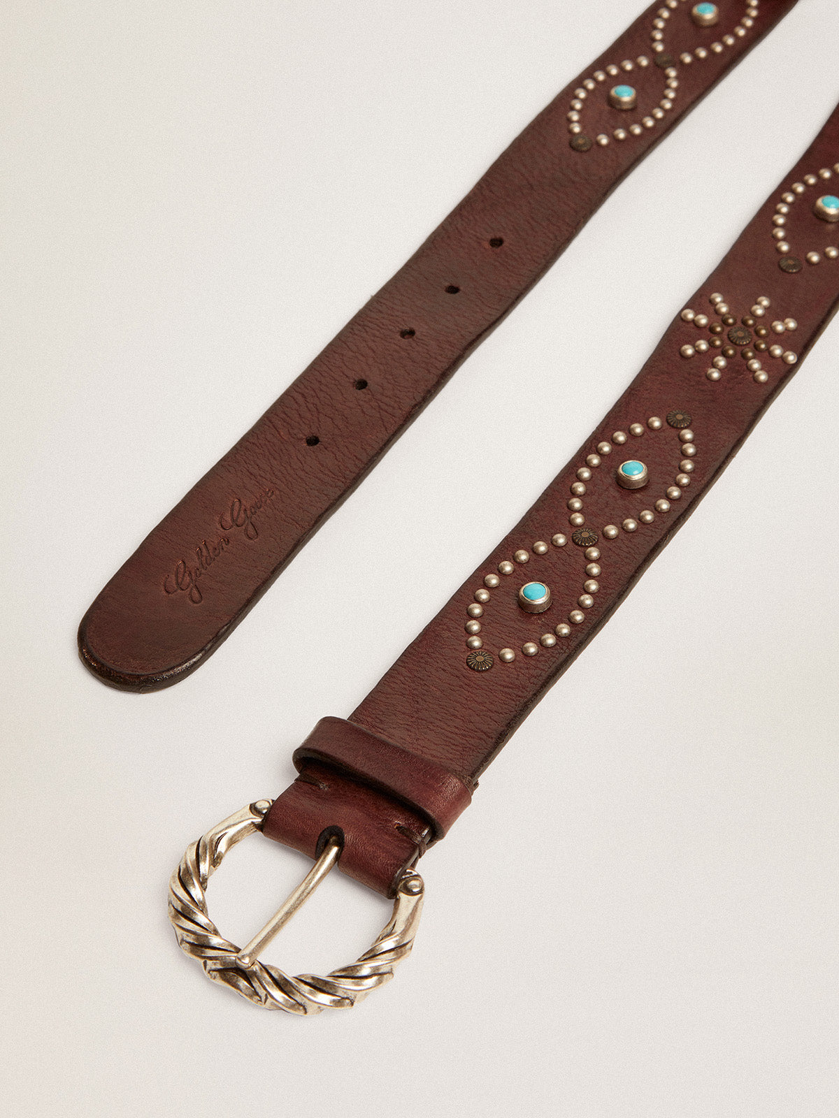 Women's belt in dark brown leather with colored studs| Golden Goose