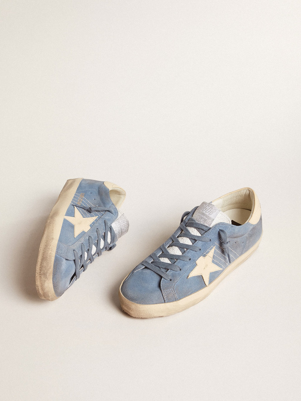 Super-Star in light blue suede with beige leather star and heel tab| Golden Goose