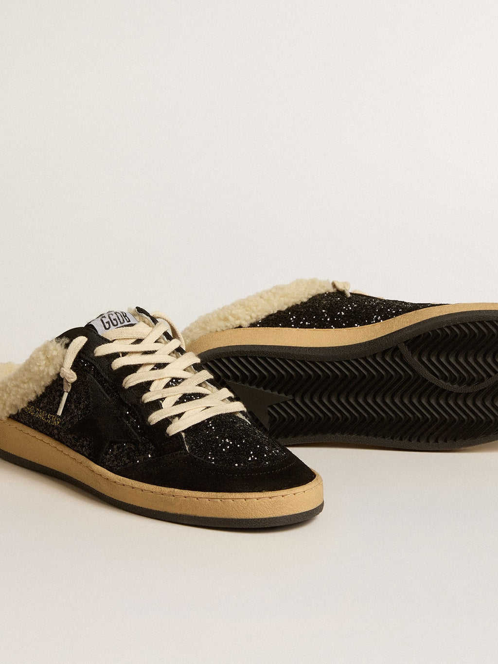 Ball Star Sabots in black glitter with black star and shearling lining| Golden Goose
