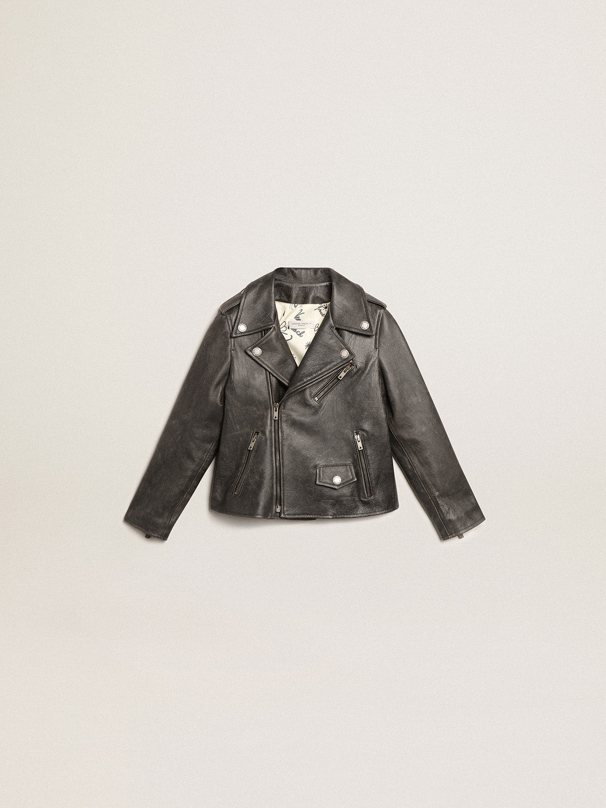 Boys' biker jacket in distressed leather| Golden Goose