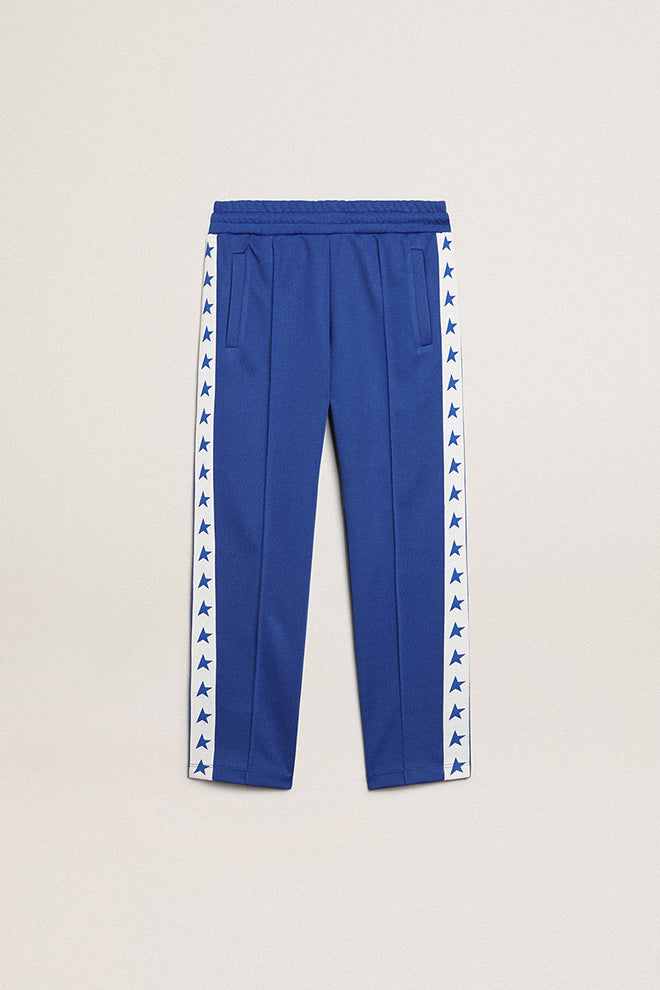 Bright blue joggers with white strip and contrasting bright blue stars| Golden Goose