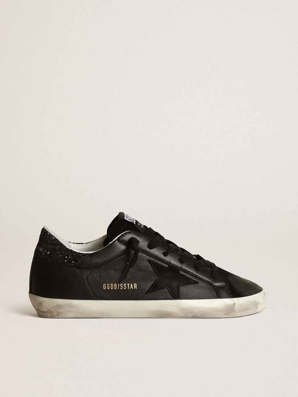 Super-Star in black nappa with black star and glitter heel tab| Golden Goose