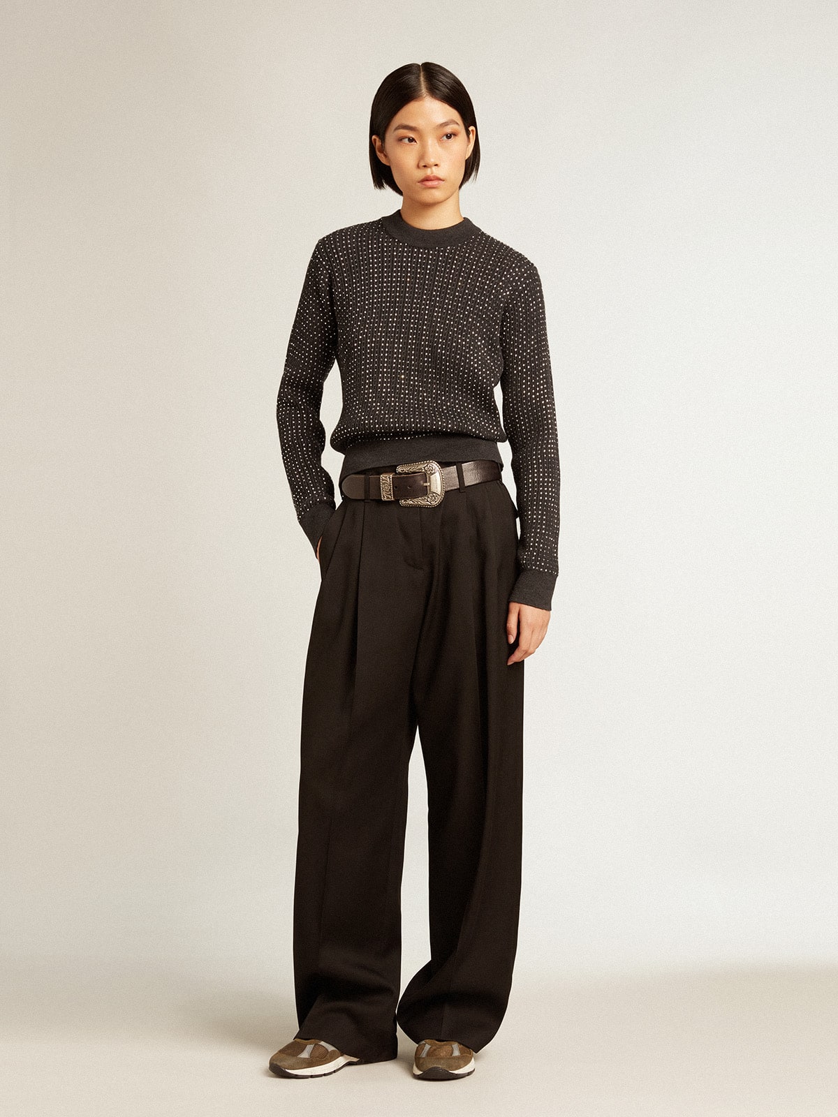Round-neck sweater in merino wool with all-over crystals| Golden Goose