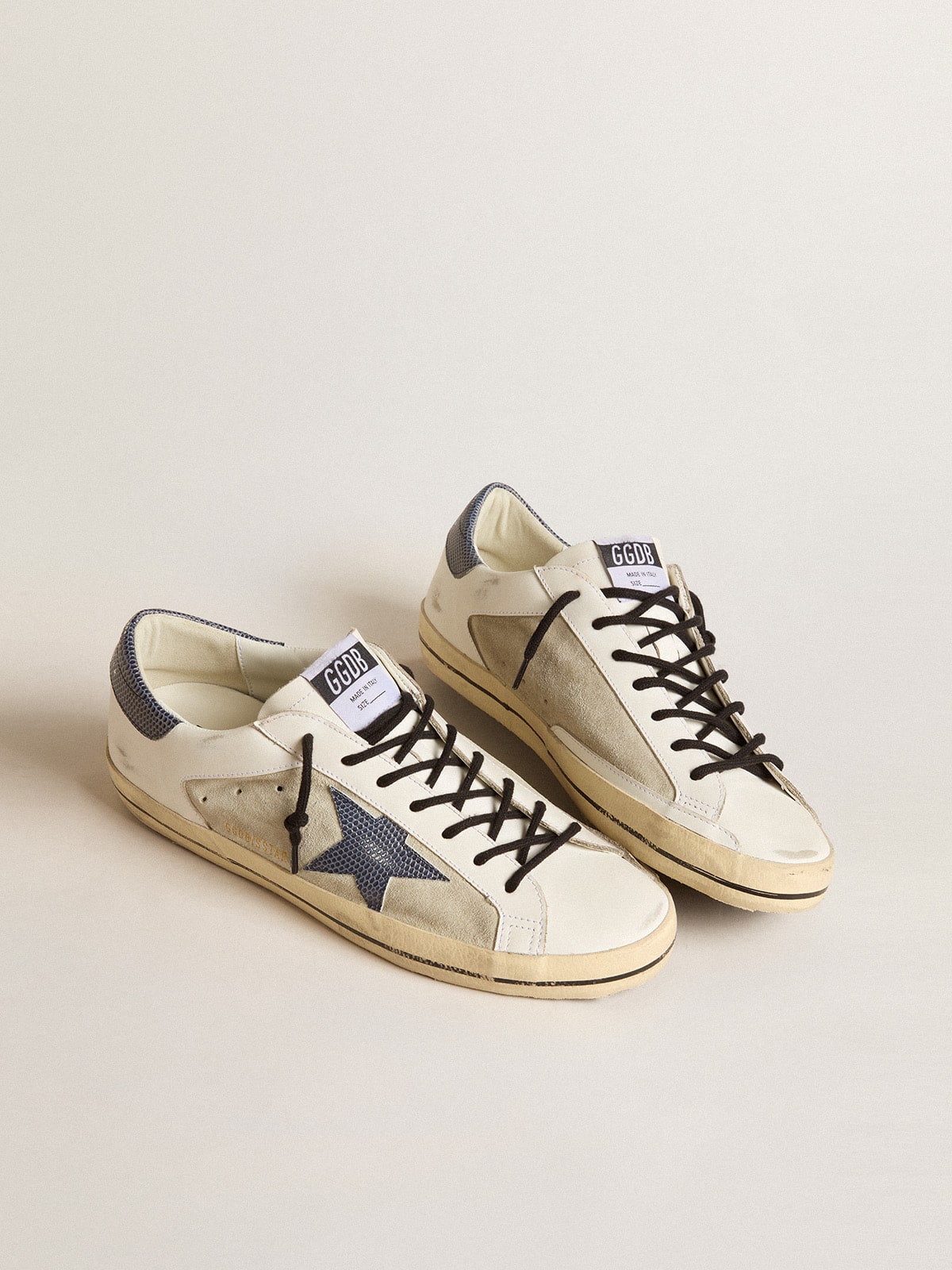 Super-Star in leather and suede with blue lizard-print leather star| Golden Goose