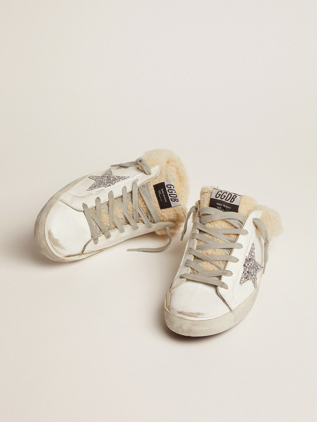 Women's Super-Star Sabot in white leather and shearling lining| Golden Goose
