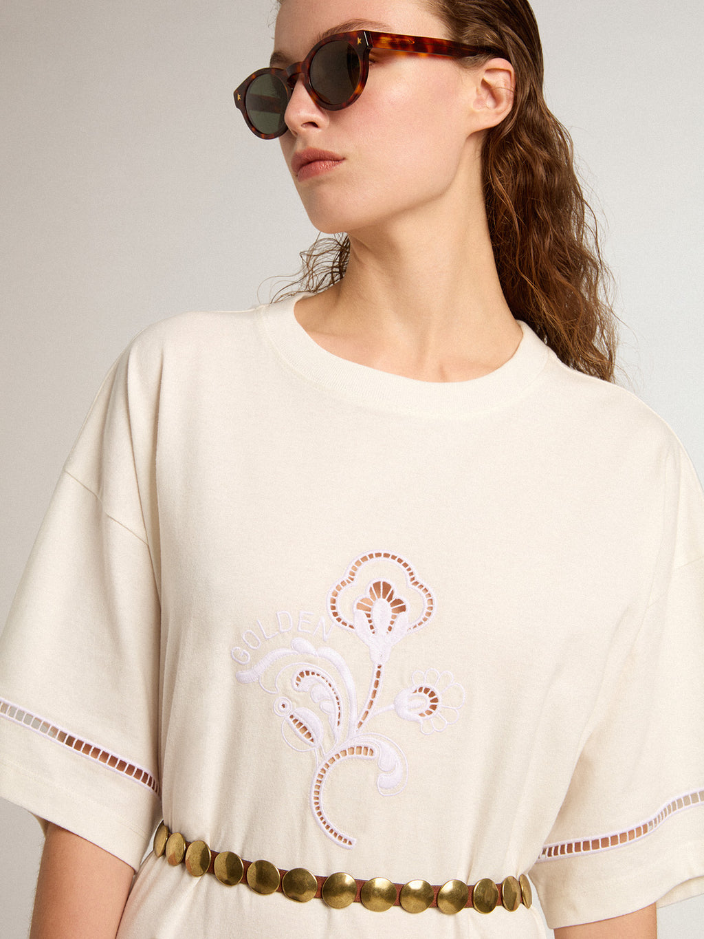 White cotton T-shirt dress with belt| Golden Goose