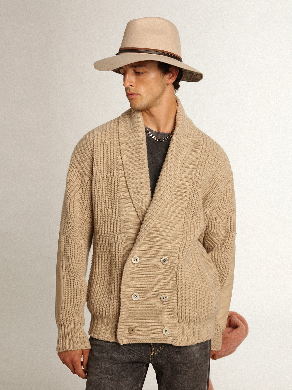 Men's double-breasted beige wool cardigan with leather patches| Golden Goose