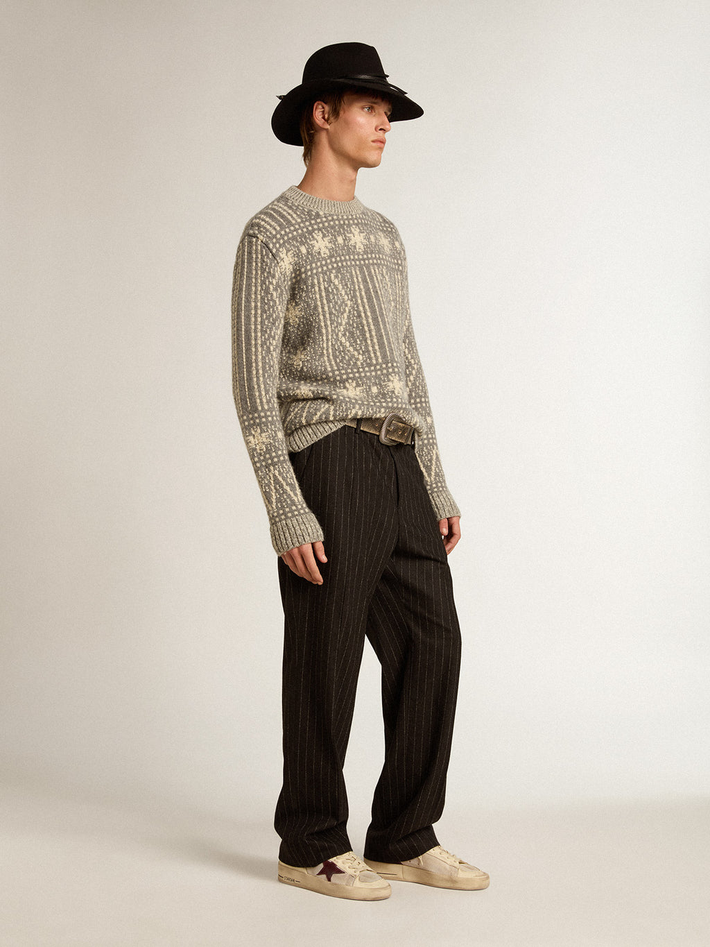 Round-neck sweater with gray Fair Isle motif| Golden Goose