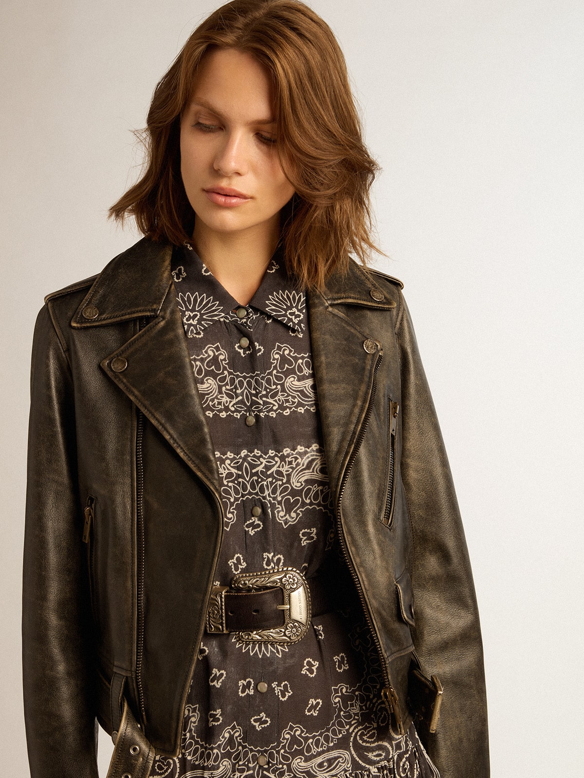 Women's black leather biker jacket| Golden Goose