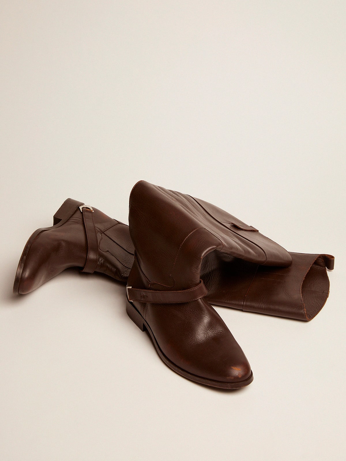 Women's Charlie boots in dark brown leather and clamp on the heel| Golden Goose