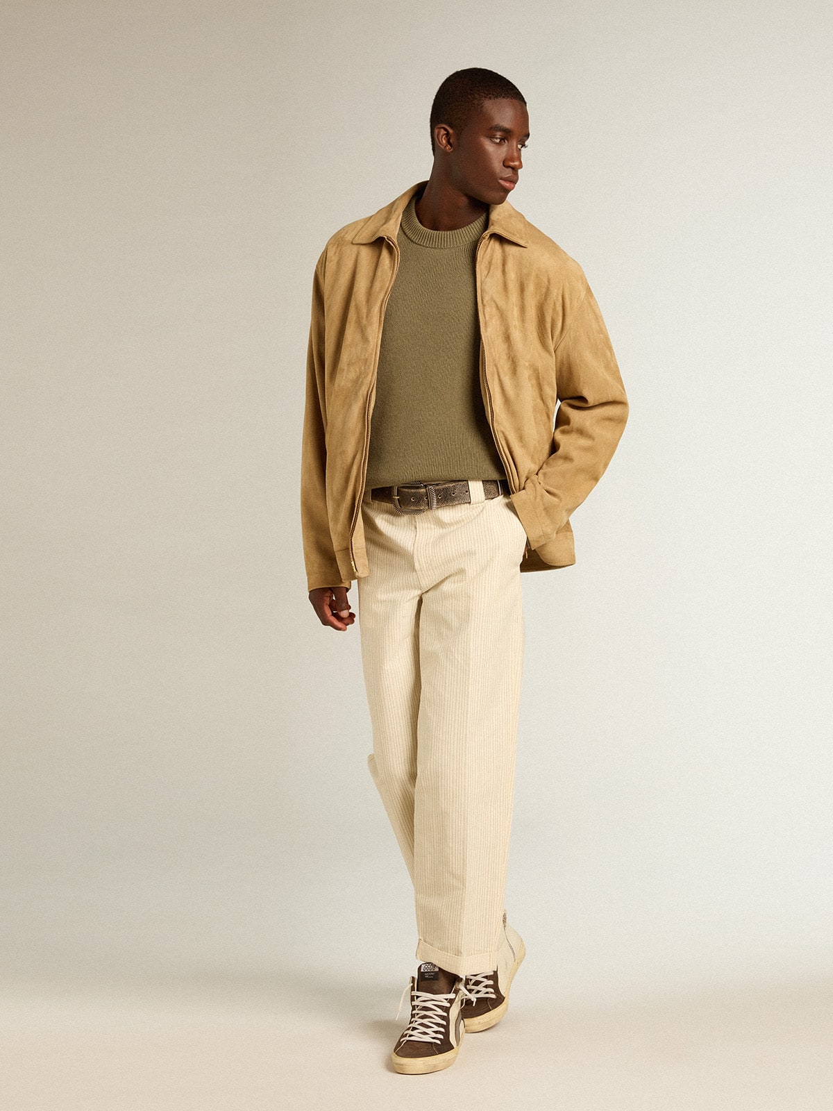 Men's cream-colored pants in striped cotton