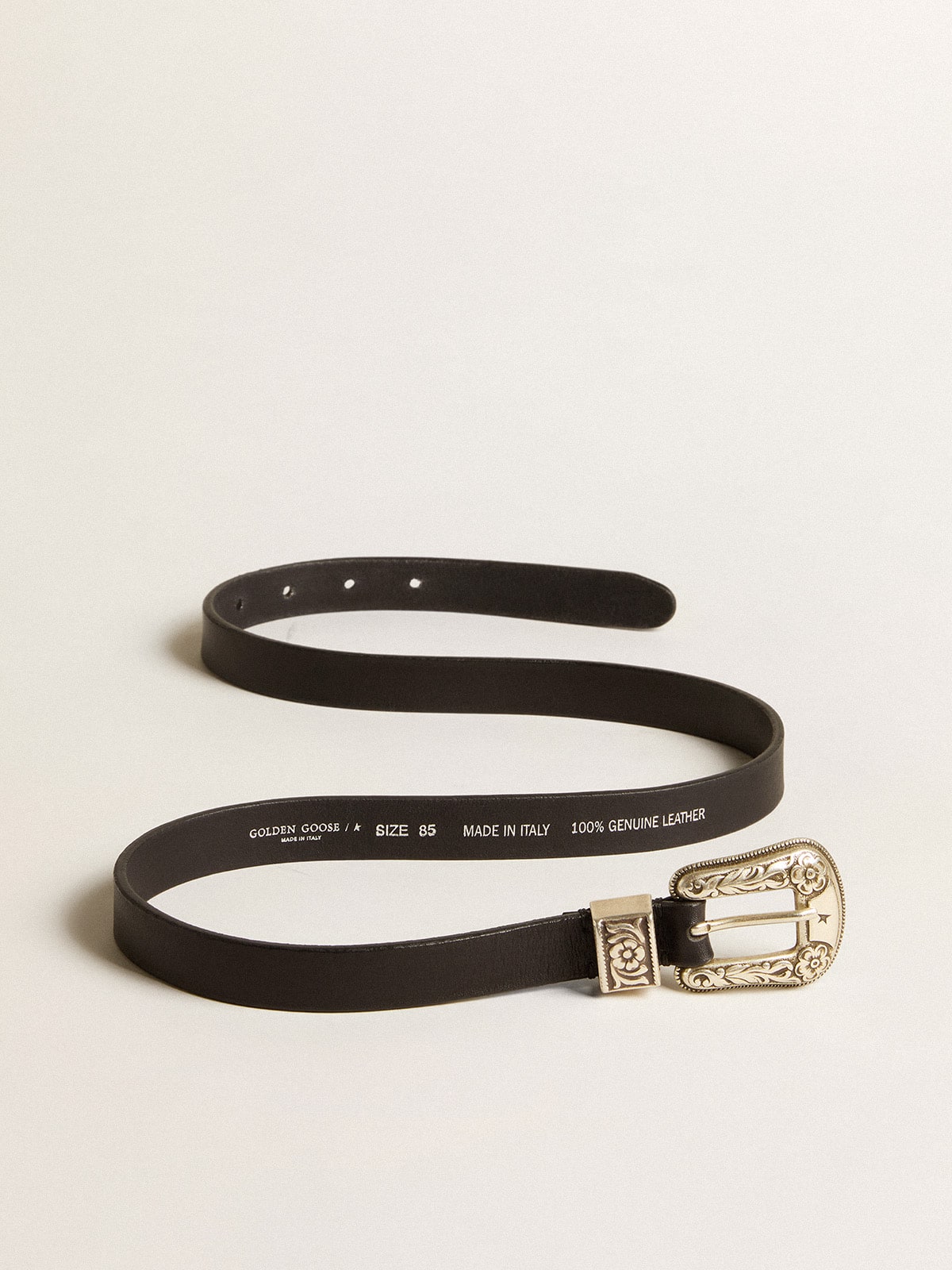 Black belt in washed leather with silver color buckle| Golden Goose