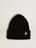 Black cotton beanie with contrasting white star| Golden Goose
