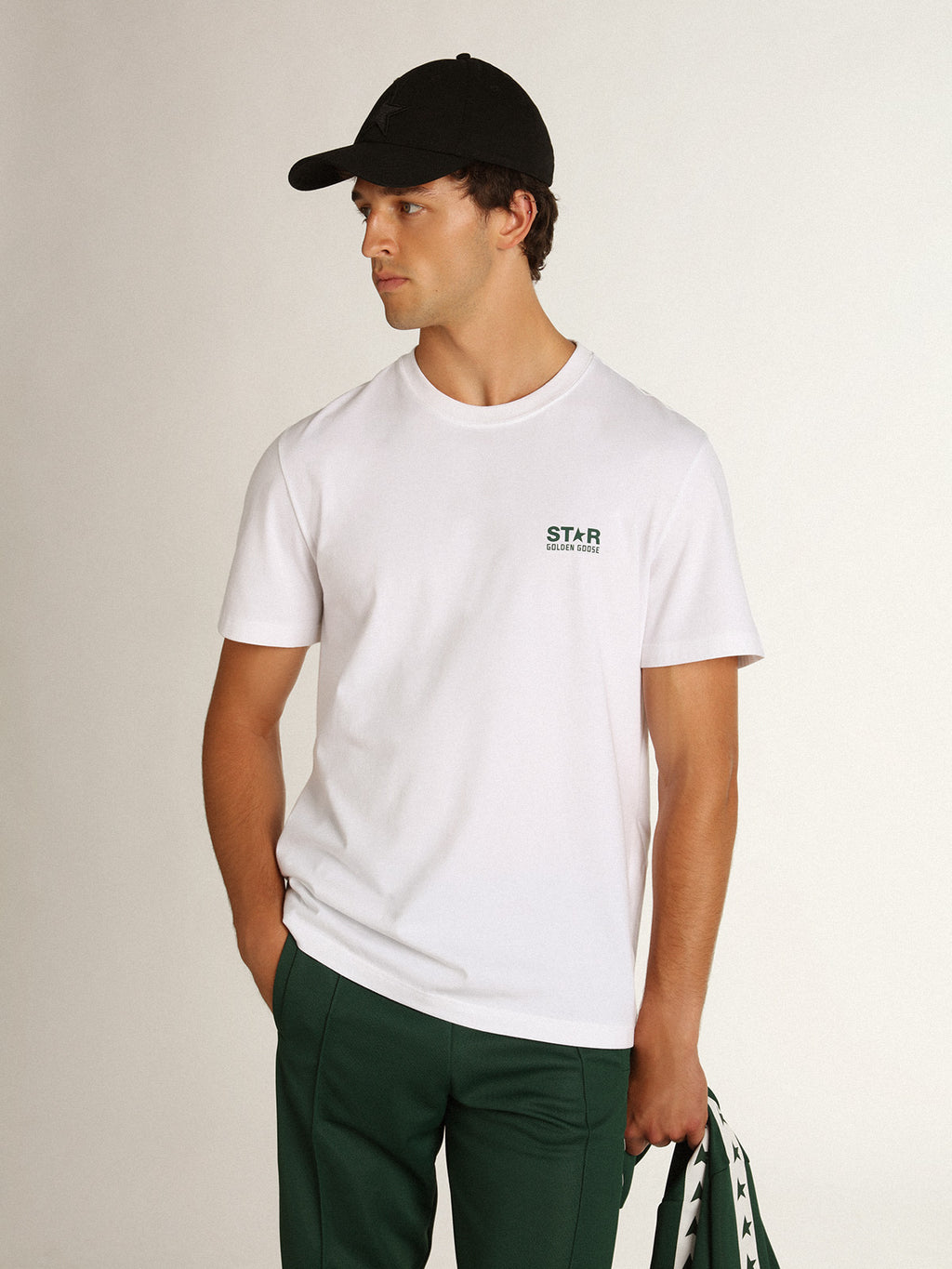 Men's white T-shirt with contrasting green logo and star| Golden Goose