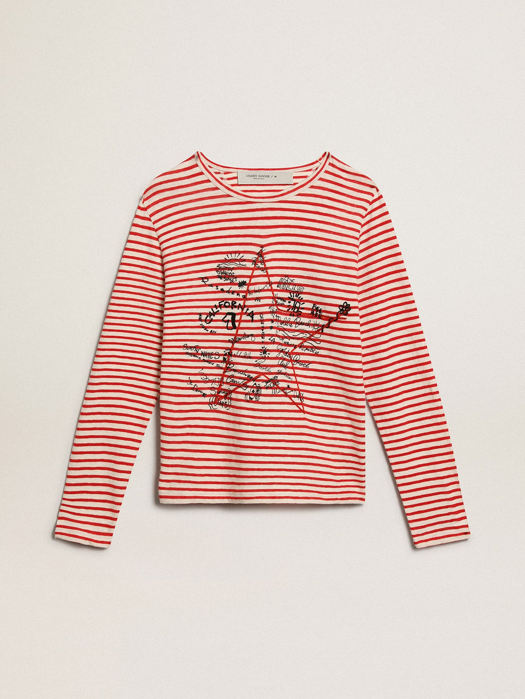 Women's T-shirt with white and red stripes and embroidery on the front| Golden Goose