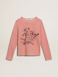 Women's T-shirt with white and red stripes and embroidery on the front| Golden Goose