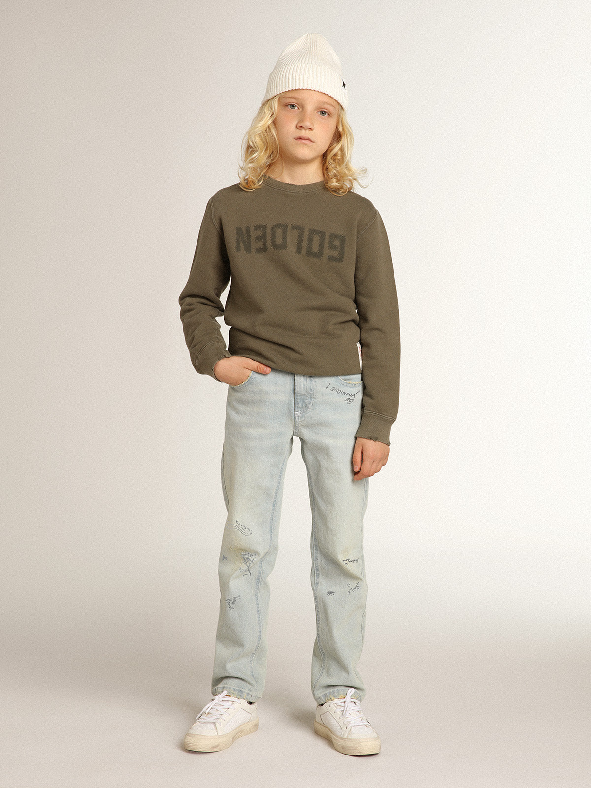 Distressed olive-green sweatshirt with Golden lettering on the front| Golden Goose