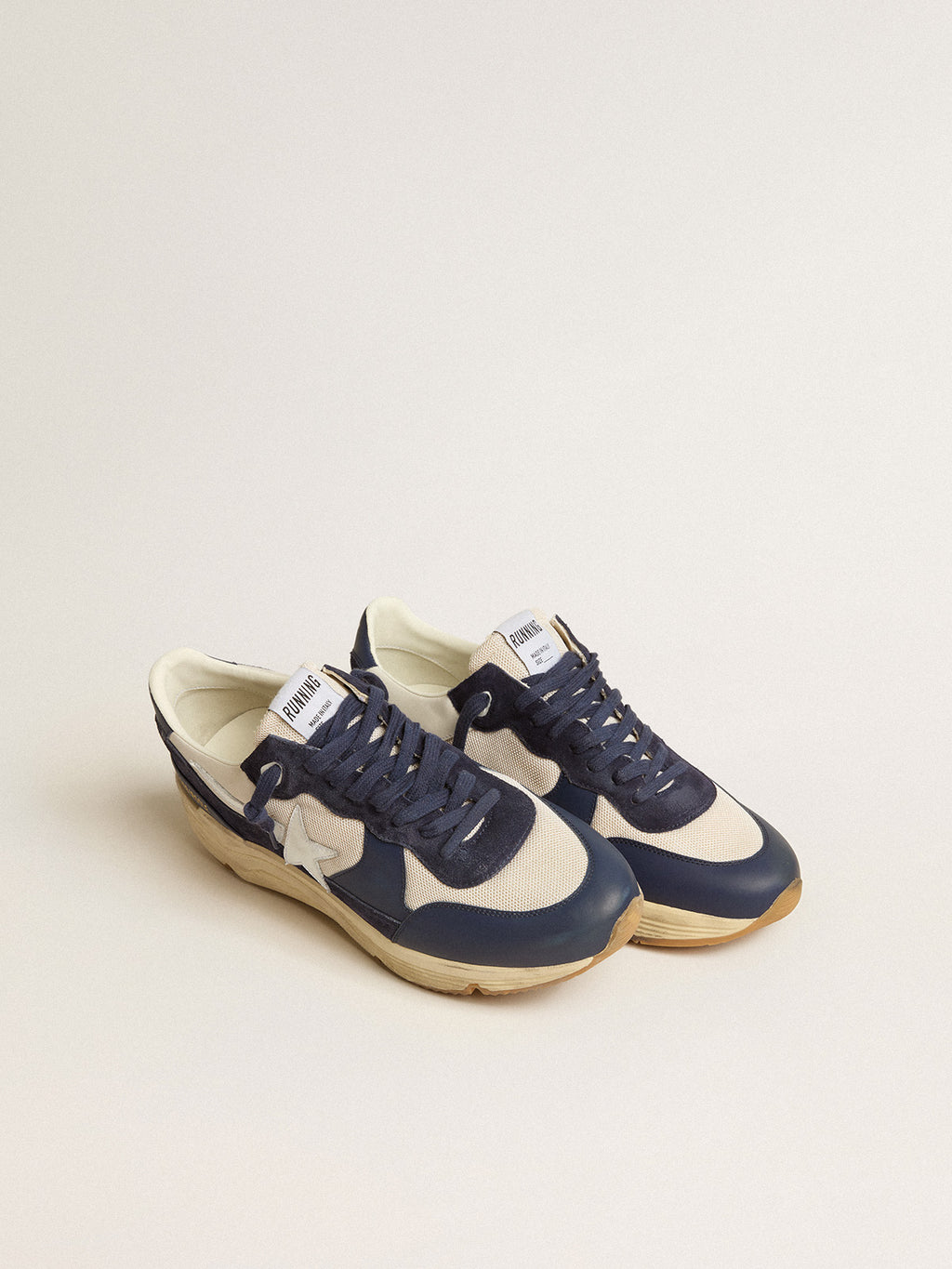Running Sole in cream mesh and blue leather with a white leather star| Golden Goose