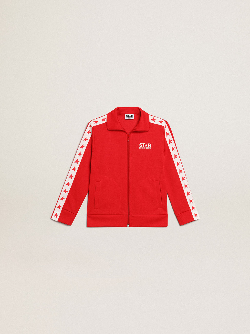 Red zipped sweatshirt with white stripe and red stars| Golden Goose