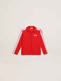 Red zipped sweatshirt with white stripe and red stars| Golden Goose