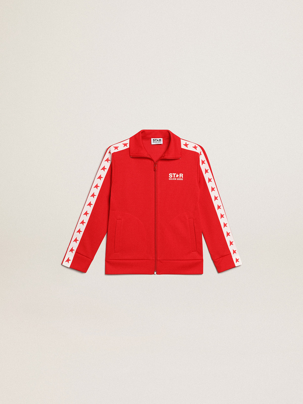 Red zipped sweatshirt with white stripe and red stars| Golden Goose