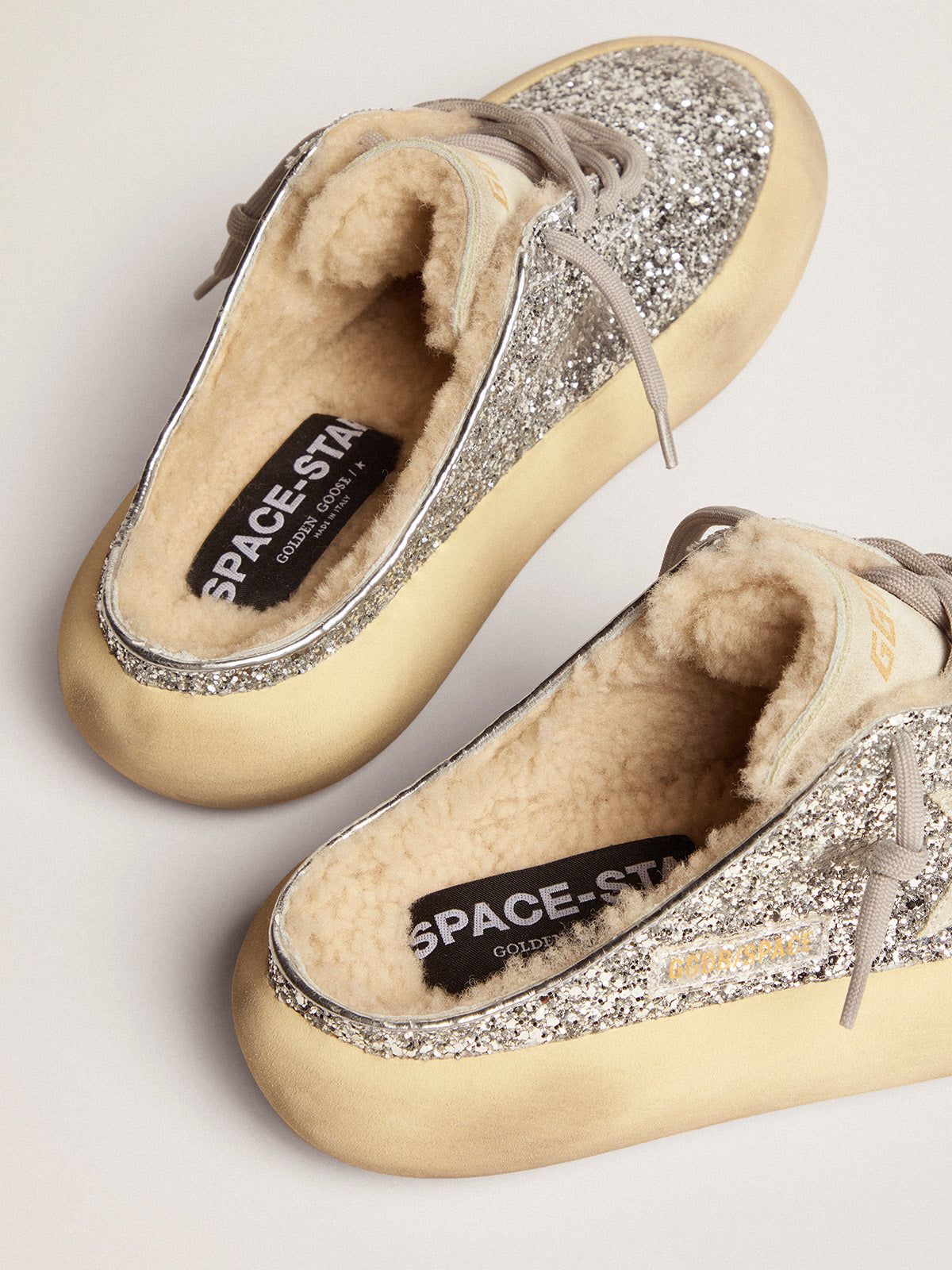 Women's Space-Star Sabot in silver glitter and shearling lining| Golden Goose