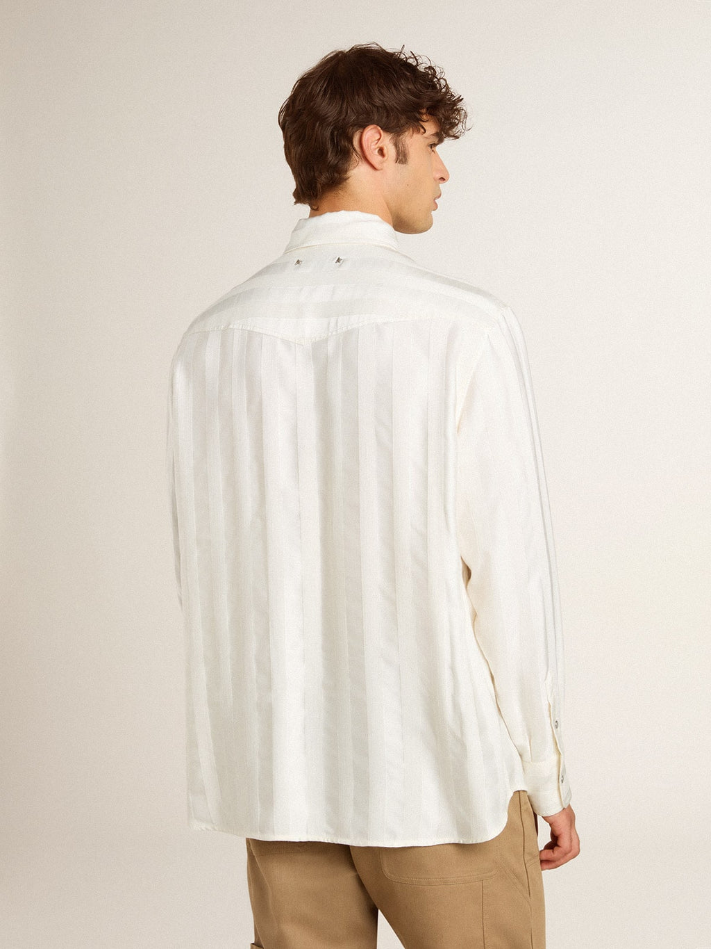 Men's oversized worn-white shirt with vertical stripes| Golden Goose
