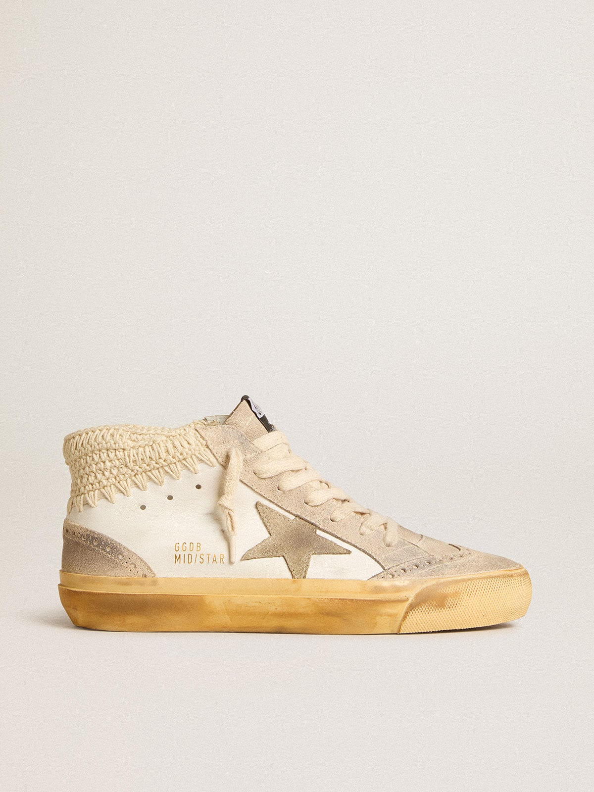 Mid Star LTD with pearl suede star and beige crochet heel tab| Golden Goose