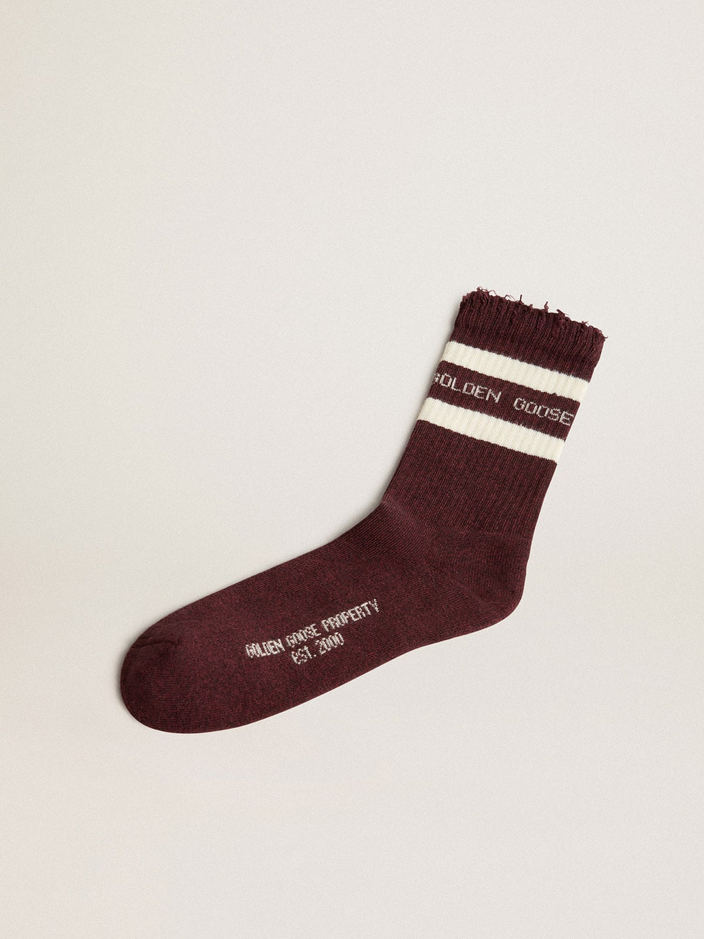 Burgundy socks with distressed details and worn white stripes| Golden Goose