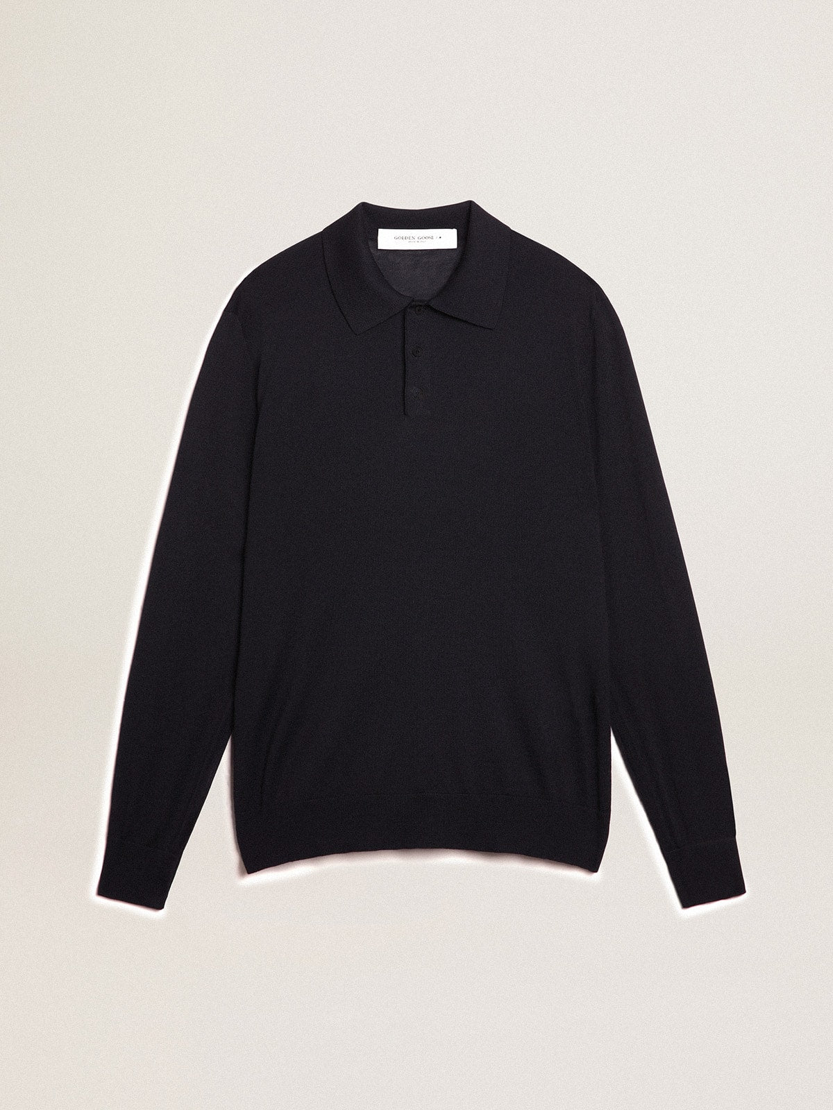 Men's long-sleeved polo shirt in navy-blue merino wool| Golden Goose