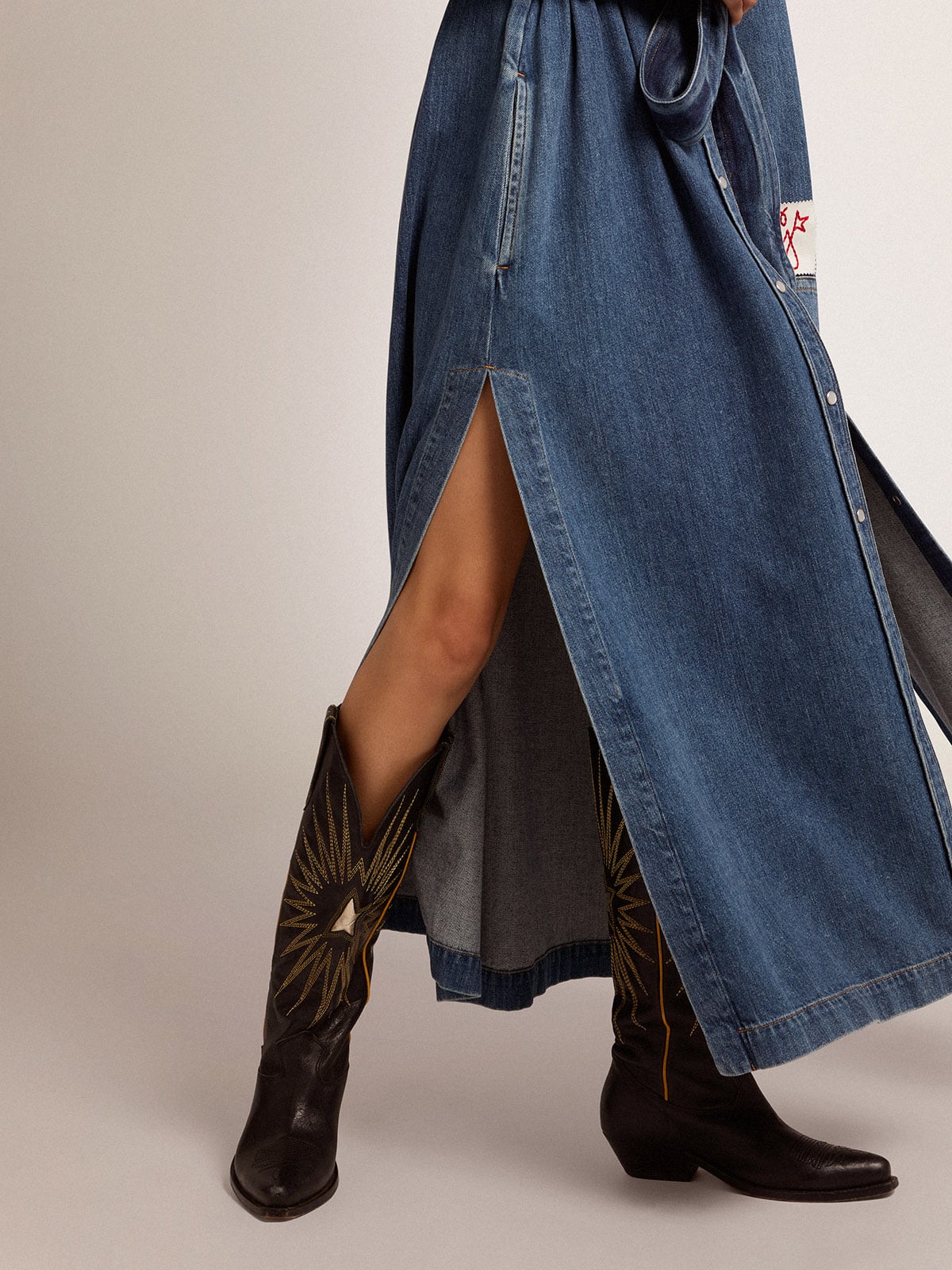 Wish Star boots in black leather with platinum laminated leather inlay star| Golden Goose
