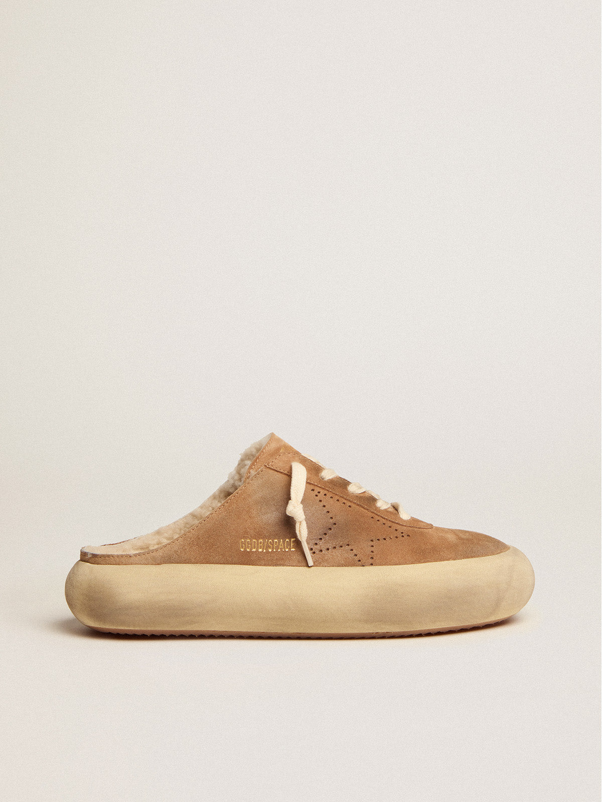 Women's Space-Star Sabot shoes in tobacco-colored suede with shearling lining| Golden Goose