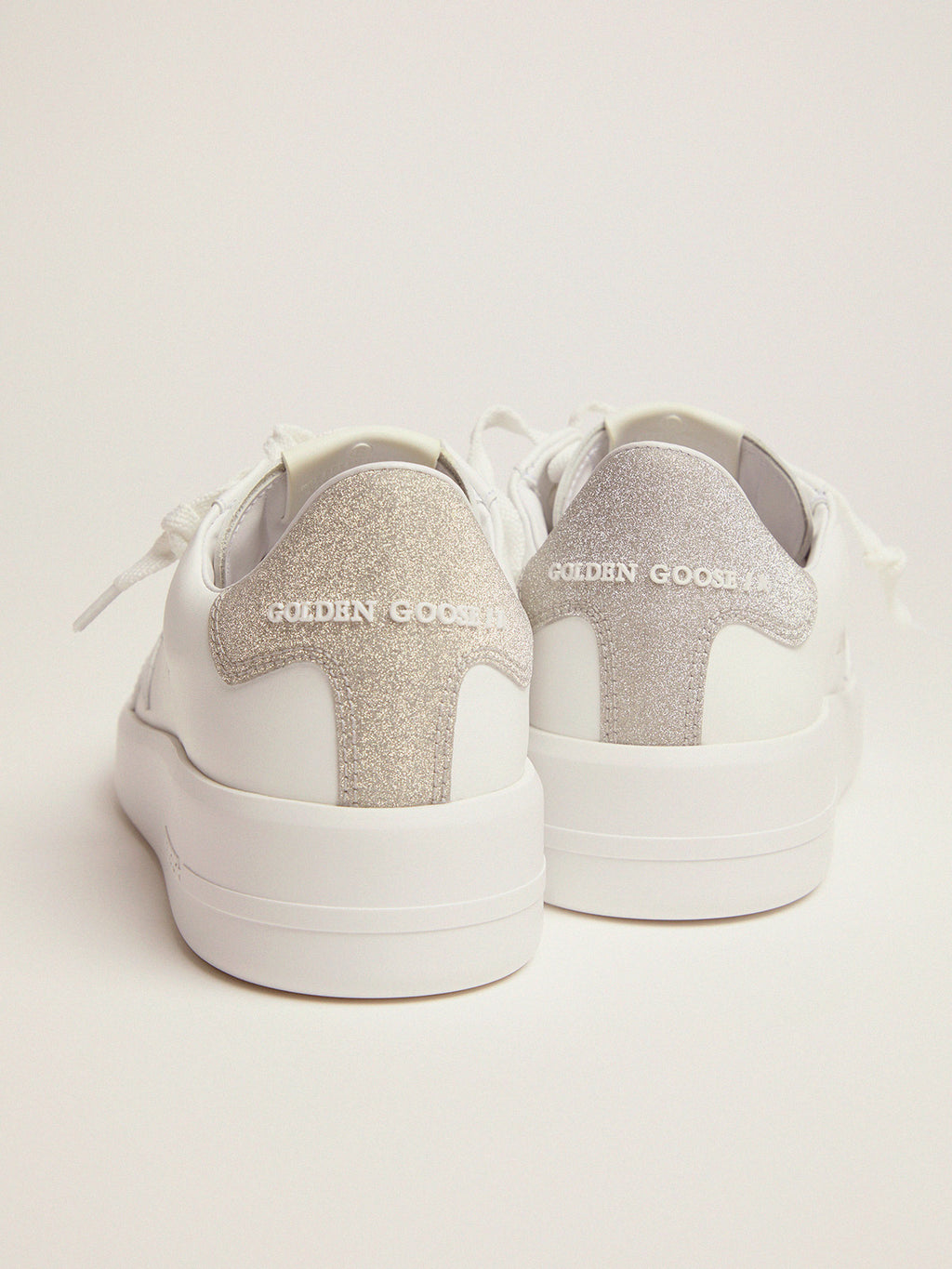 Purestar sneakers in white leather with champagne glitter heel tab| Golden Goose