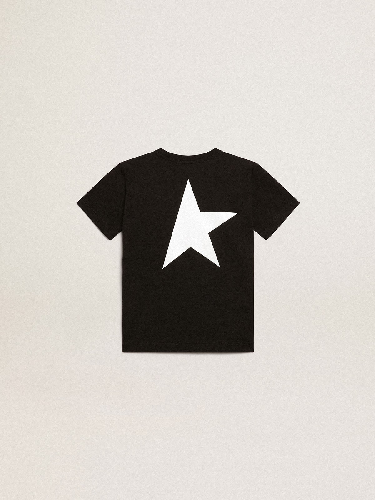 Black T-shirt with contrasting white logo on the front and maxi star on the back| Golden Goose