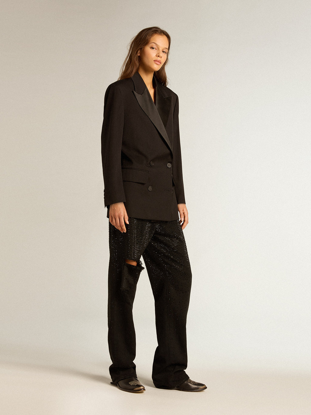 Women's tuxedo jacket in black wool gabardine| Golden Goose