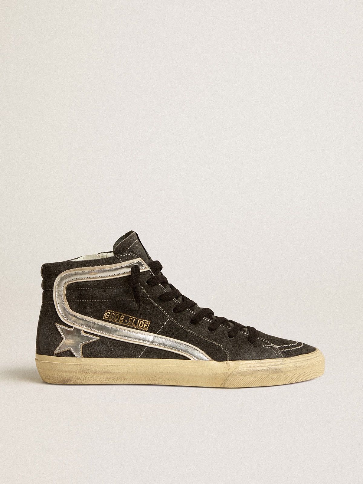 Slide in black suede with silver metallic leather star and flash| Golden Goose