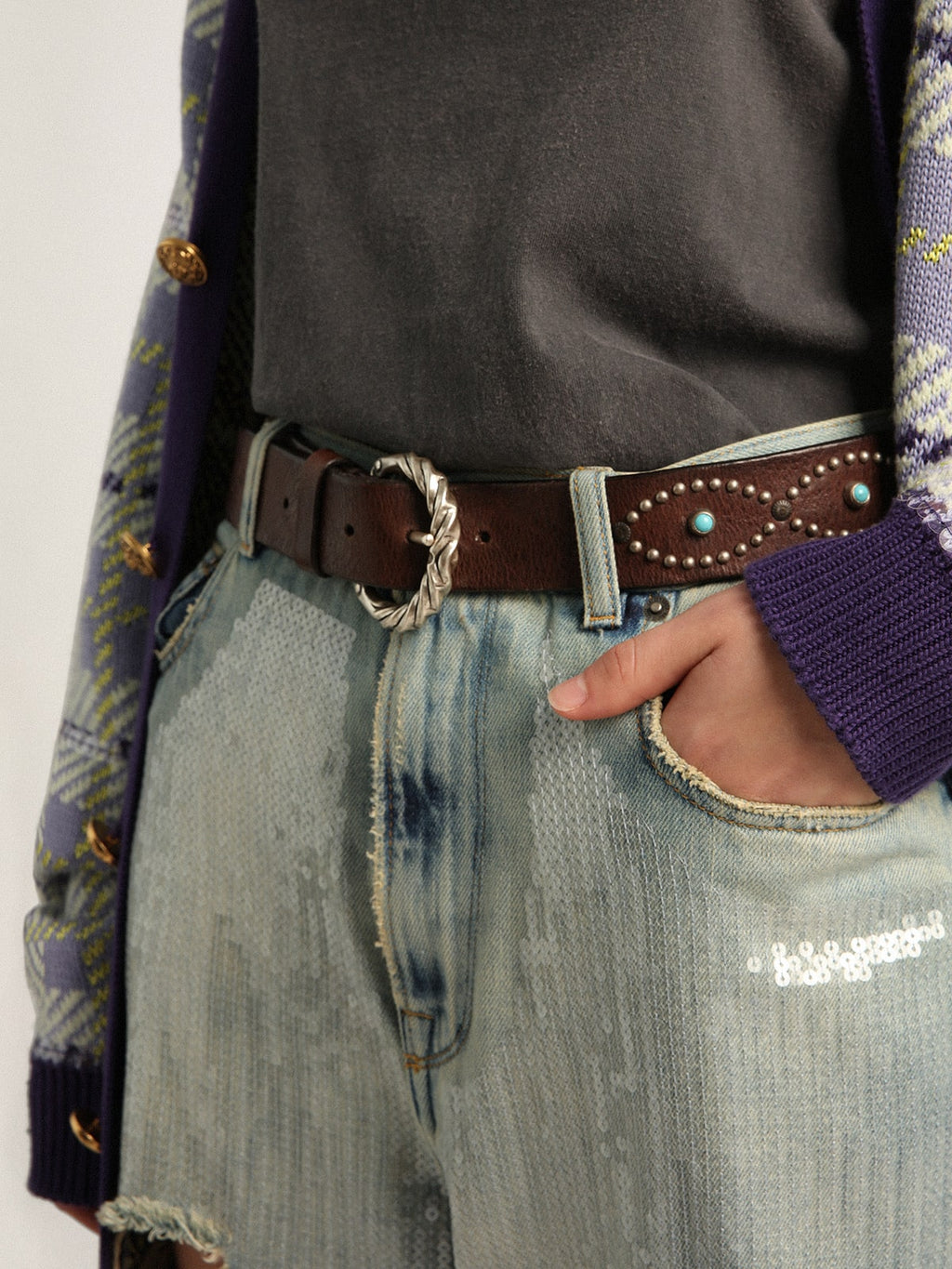 Women's belt in dark brown leather with colored studs| Golden Goose